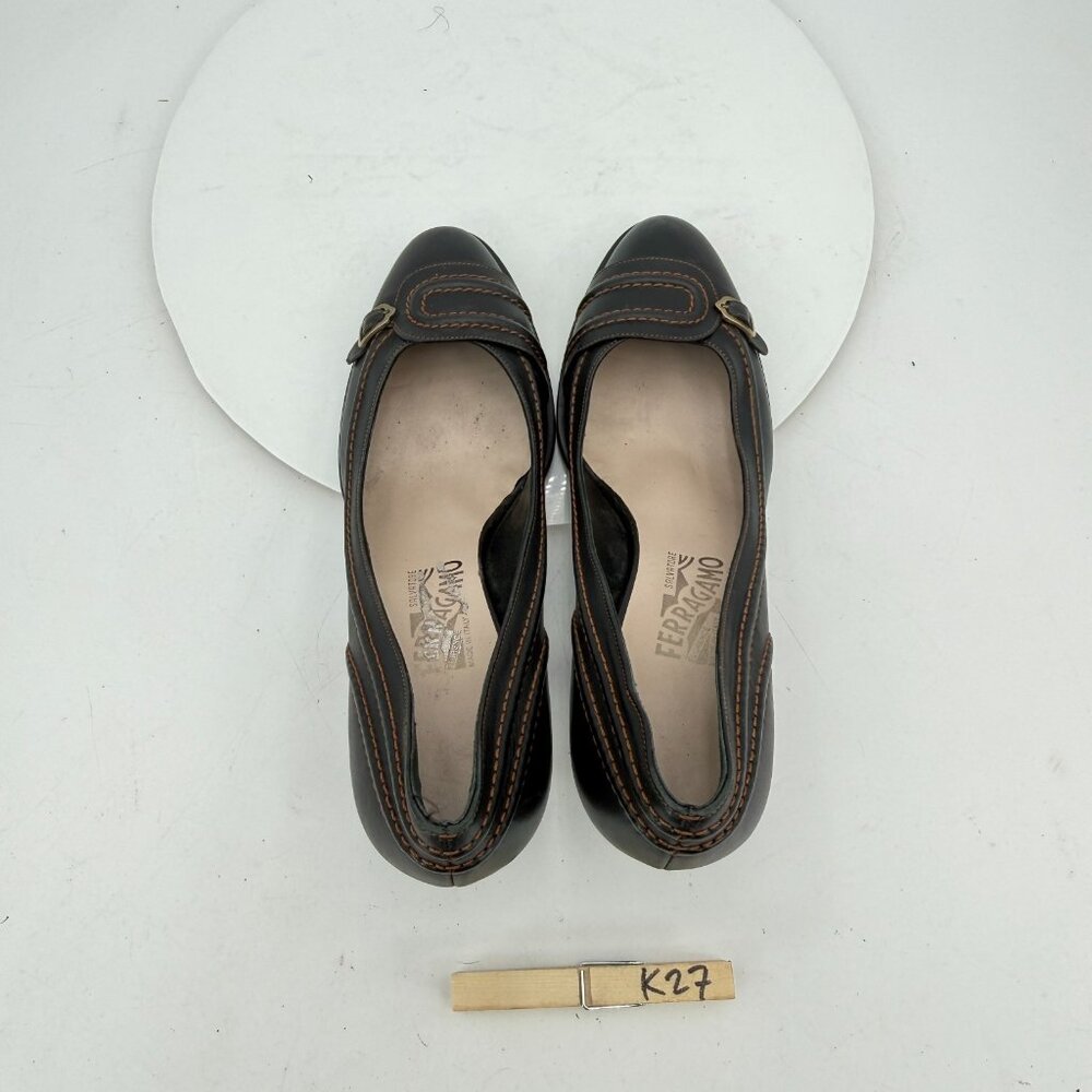 Salvatore Ferragamo Women Size 10B Brown Leather Belt Slip On Pump Heel Shoes - Picture 9 of 11